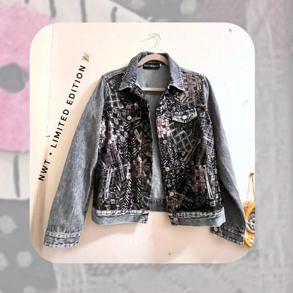 nwt 🆕 denim moto jacket with abstract plaid sequins - Picture 2 of 16